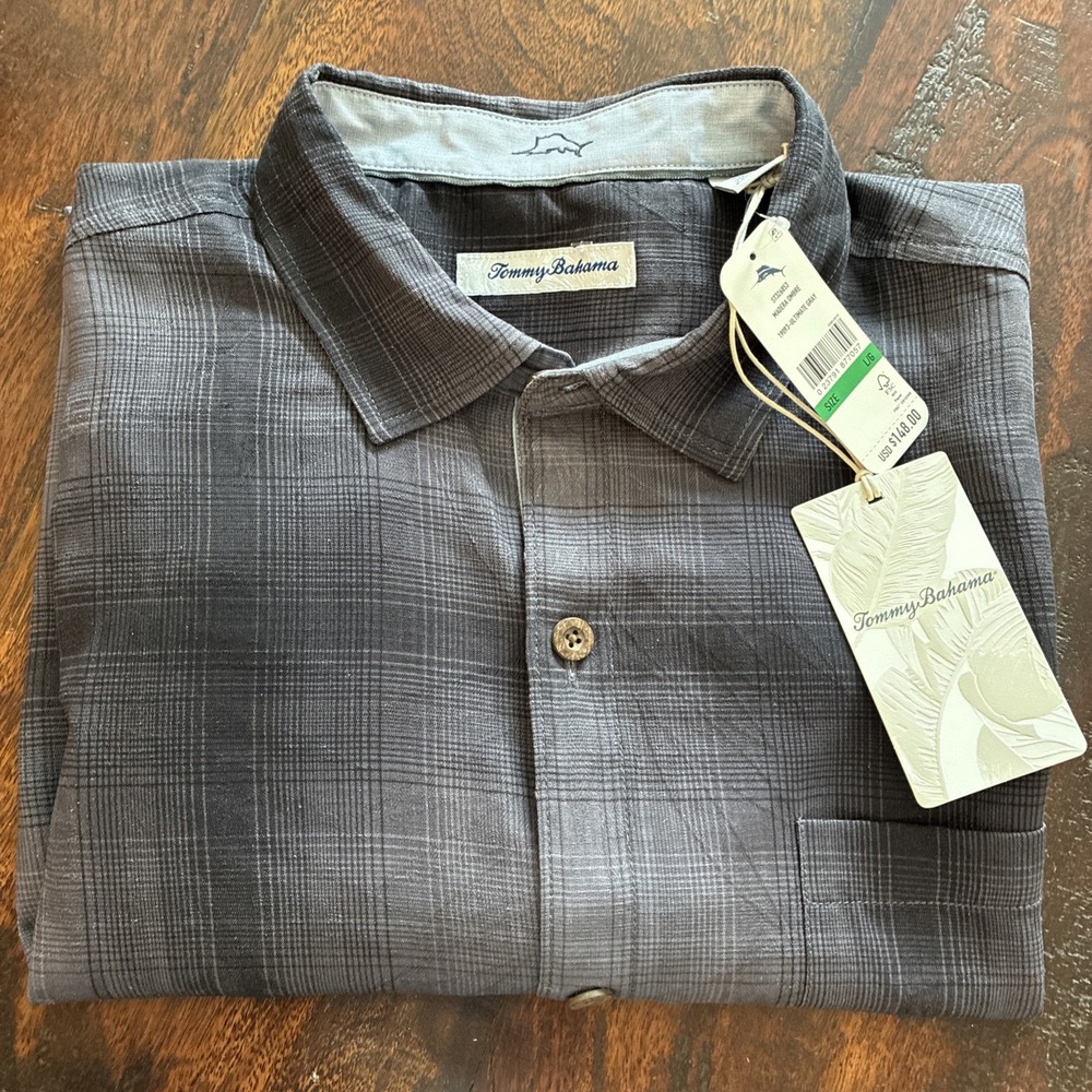 TOMMY BAHAMA~ Mens Lg Gray Plaid Silk Short Sleeve Button Up Shirt Pockets~NWT